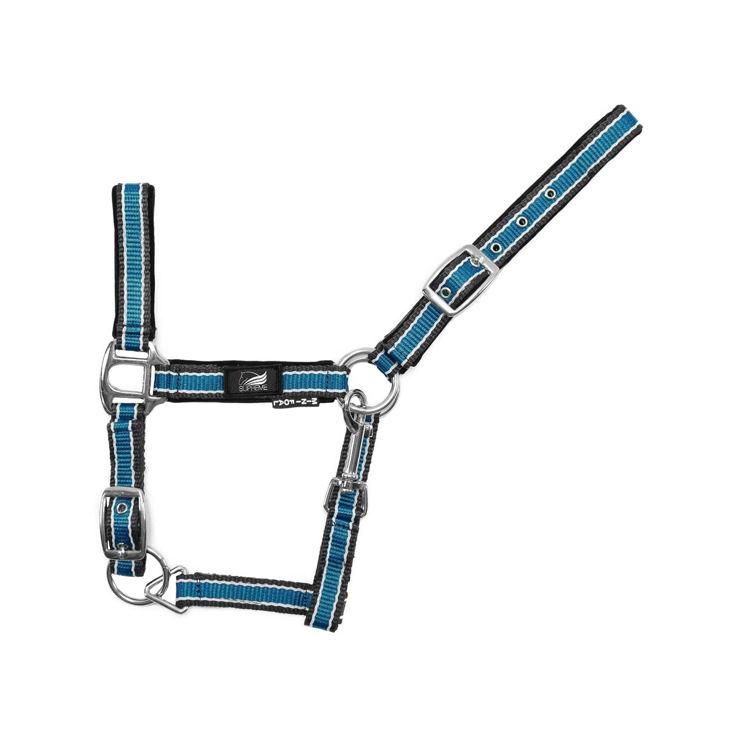 FOAL NYLON BICOLOR HALTER WITH DOUBLE ADJUSTMENT AND SNAP HOOK.