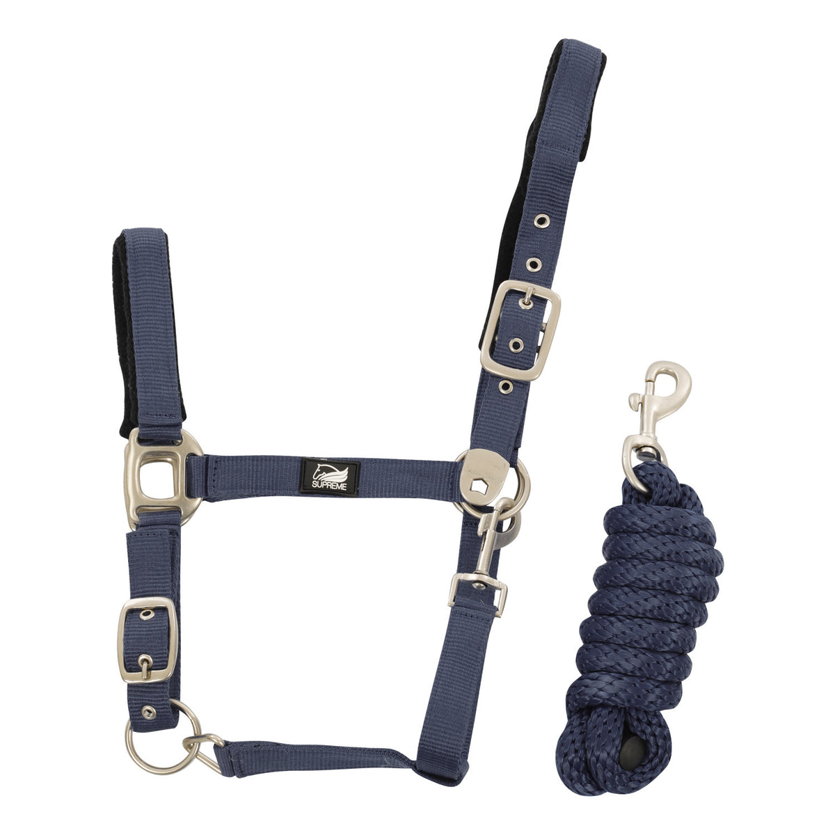 NYLON HALTER WITH LEATHER REINFORCEMENT. COMPLETE WITH LEAD