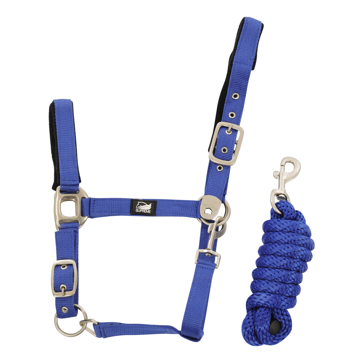 NYLON HALTER WITH LEATHER REINFORCEMENT. COMPLETE WITH LEAD