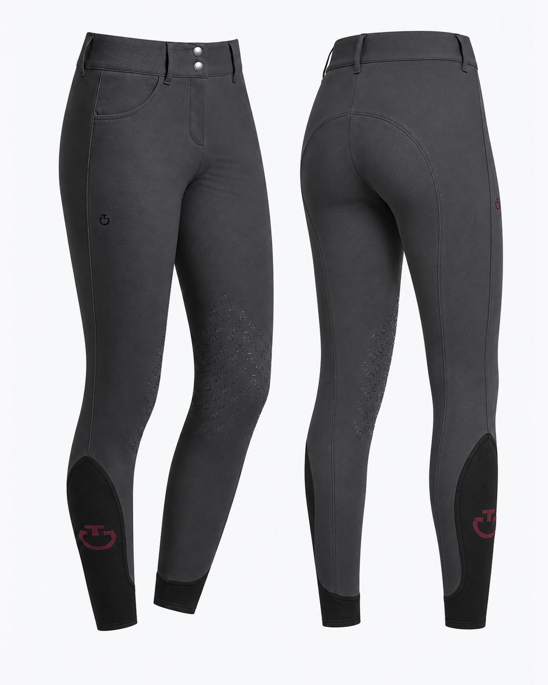 Cavalleria Toscana CT PAD090 ladies dark grey knee grip riding breeches, front and back views showing perforated technical fabric, high waist, silicone knee grips and contrasting black ankle panels.