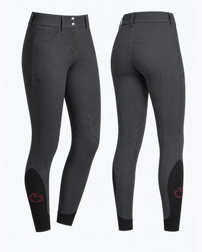Cavalleria Toscana CT PAD090 ladies dark grey knee grip riding breeches, front and back views showing perforated technical fabric, high waist, silicone knee grips and contrasting black ankle panels.