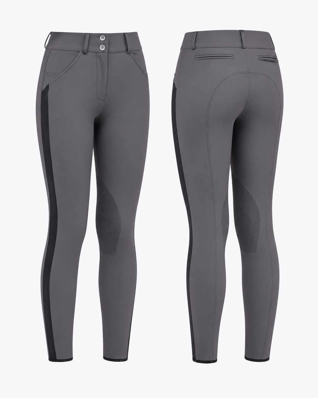 Cavalleria Toscana ladies grey knee grip riding breeches with black side stripe, front view, featuring a high waistband, two-button closure and technical stretch fabric PAD212