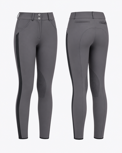 Cavalleria Toscana ladies grey knee grip riding breeches with black side stripe, front view, featuring a high waistband, two-button closure and technical stretch fabric PAD212