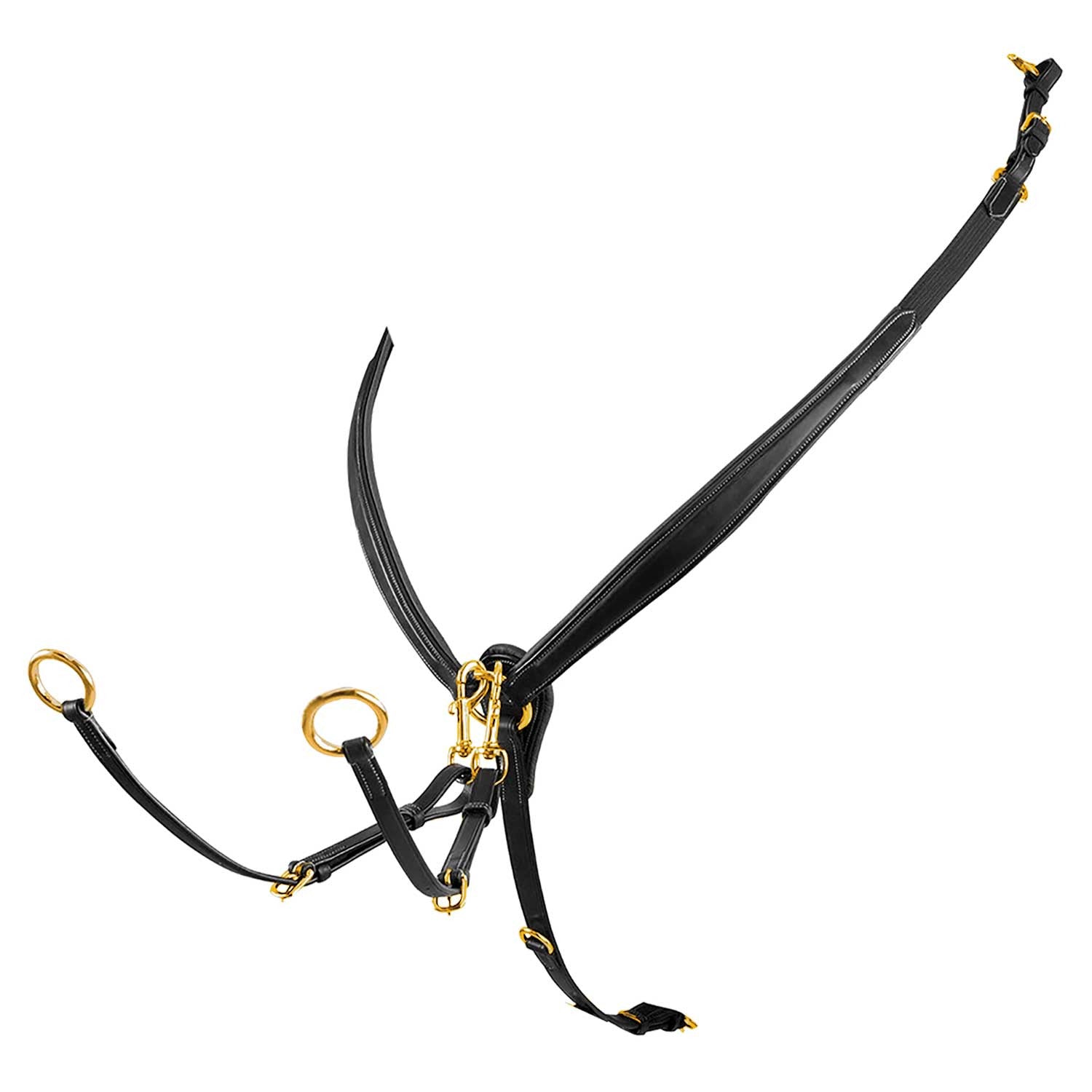 Tanned leather fork breastplate with steel buckles.