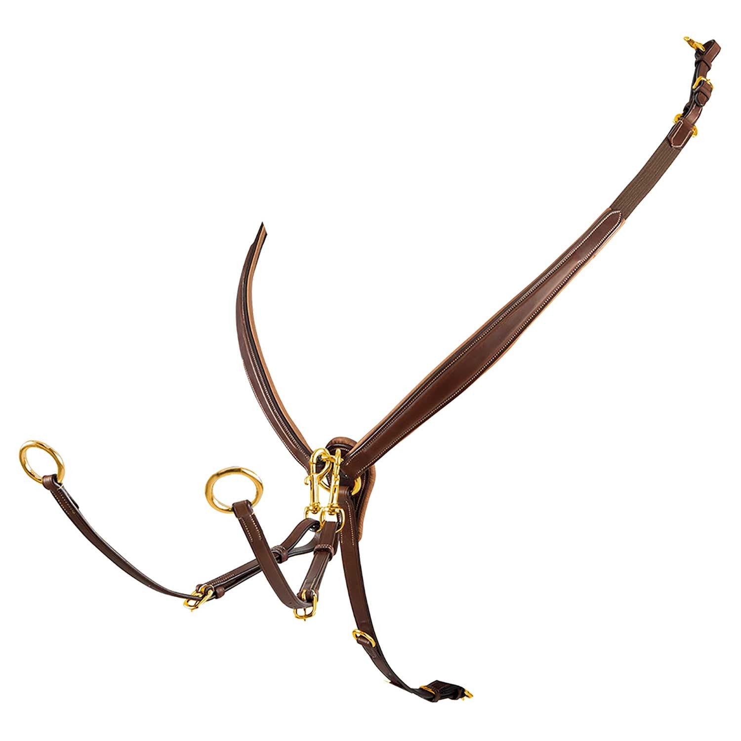 Tanned leather fork breastplate with steel buckles.