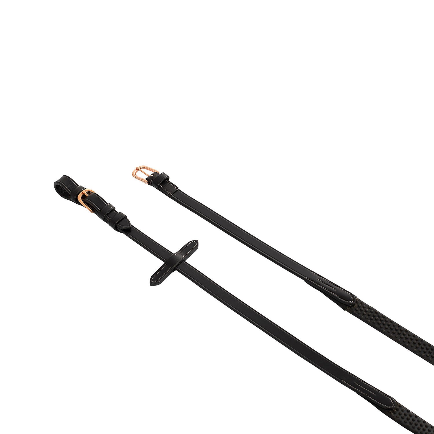 Leather and rubber reins for English bridle with rose gold buckles.