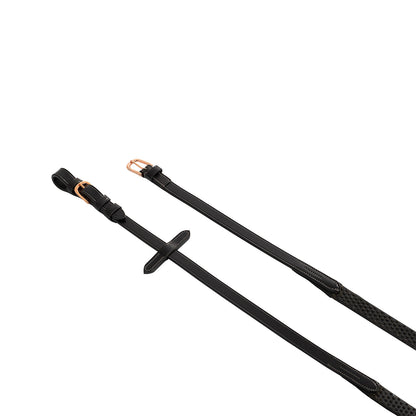 Leather and rubber reins for English bridle with rose gold buckles.