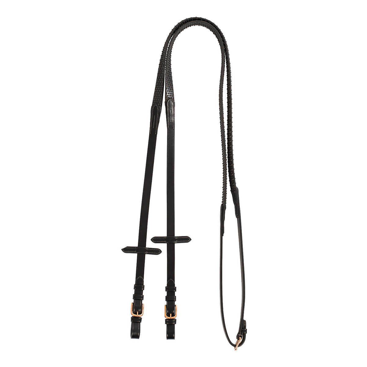 Leather and rubber reins for English bridle with rose gold buckles
