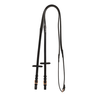 Leather and rubber reins for English bridle with rose gold buckles