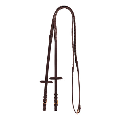 Leather and rubber reins for English bridle with rose gold buckles