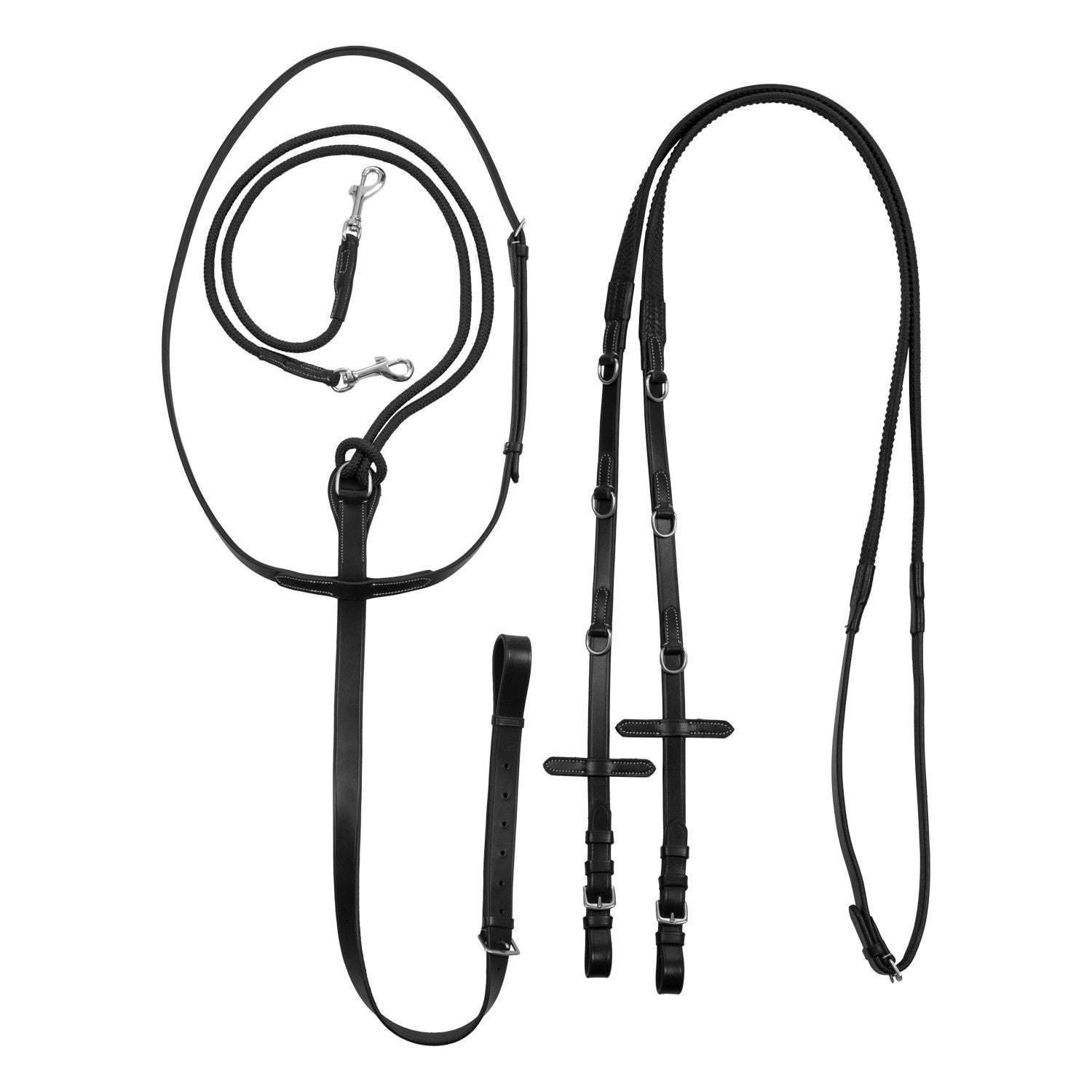 Reins with leather and rubber martingale.