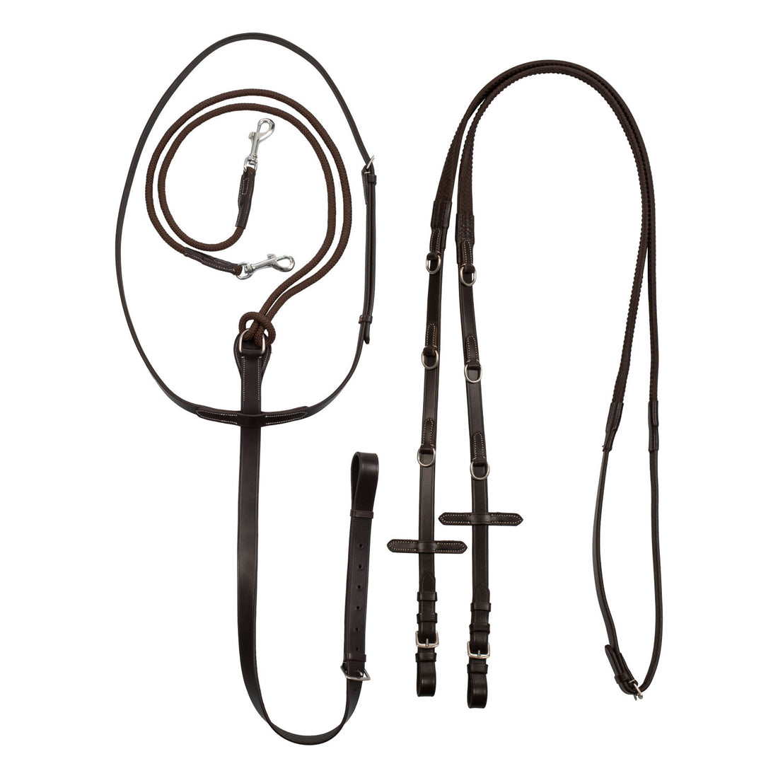 Reins with leather and rubber martingale.