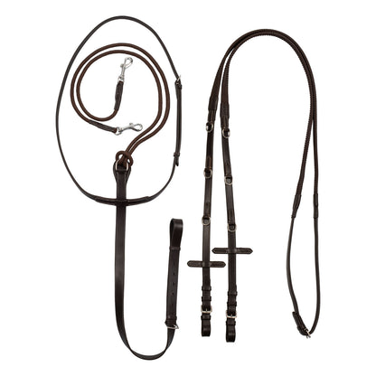 Reins with leather and rubber martingale.