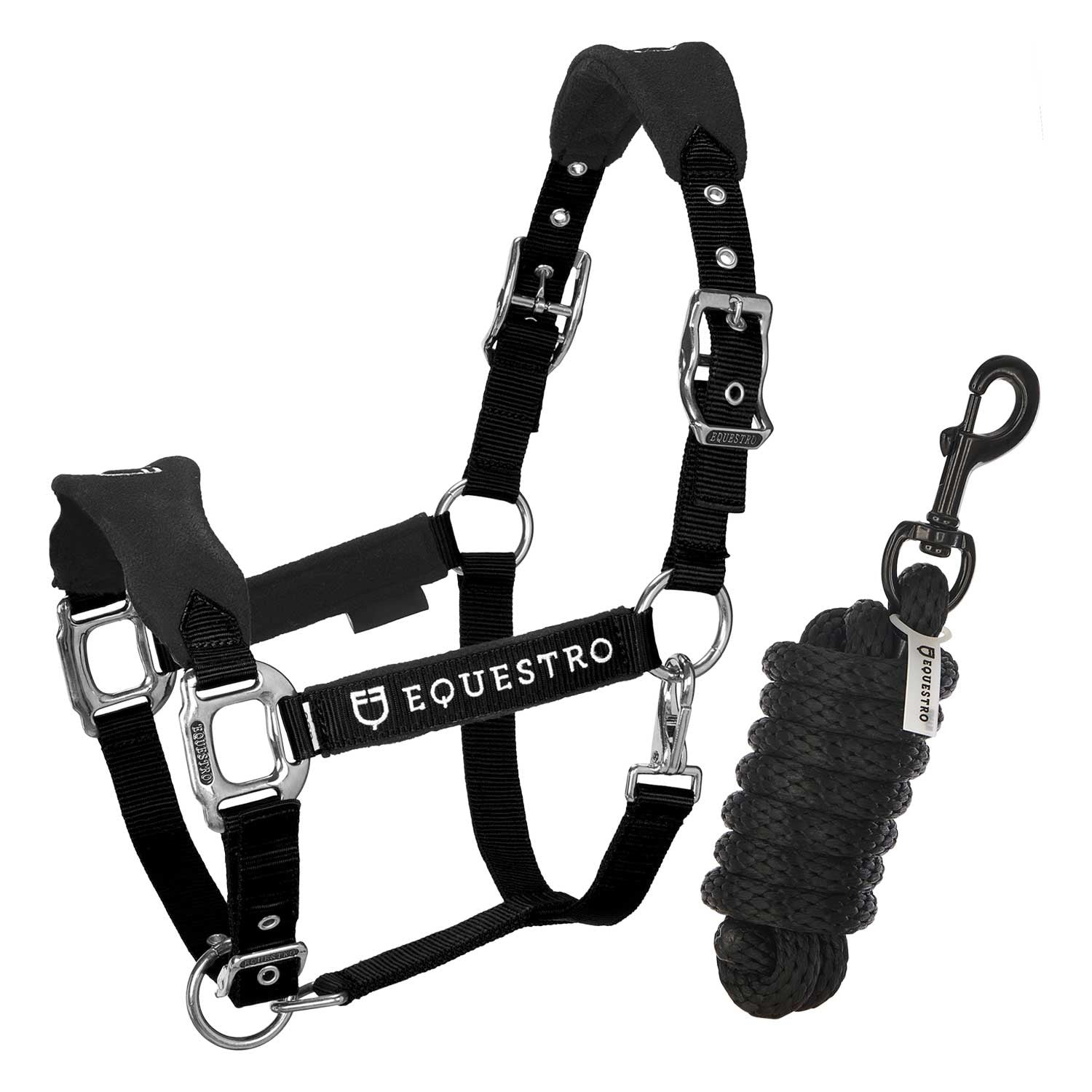 Halter with double adjustment and lead rope.