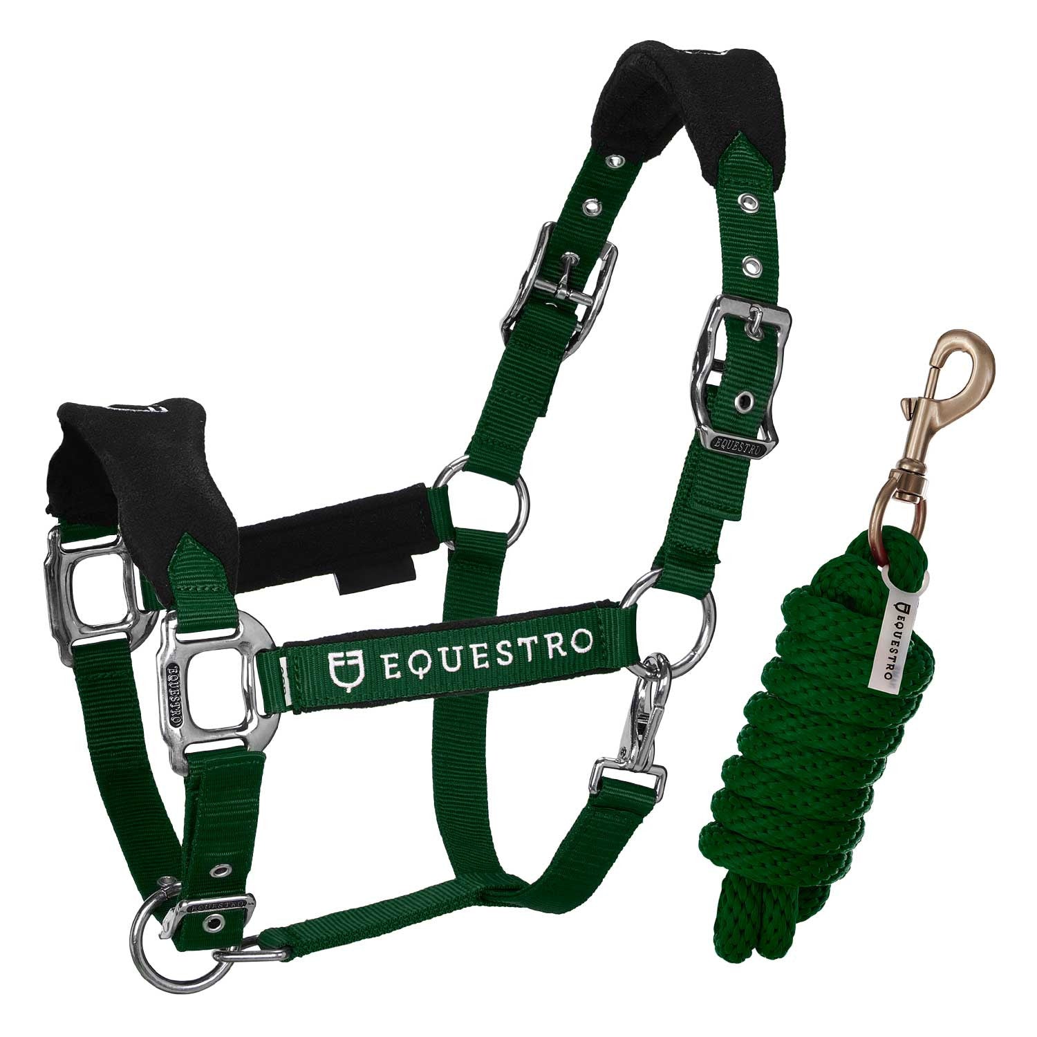 Halter with double adjustment and lead rope.