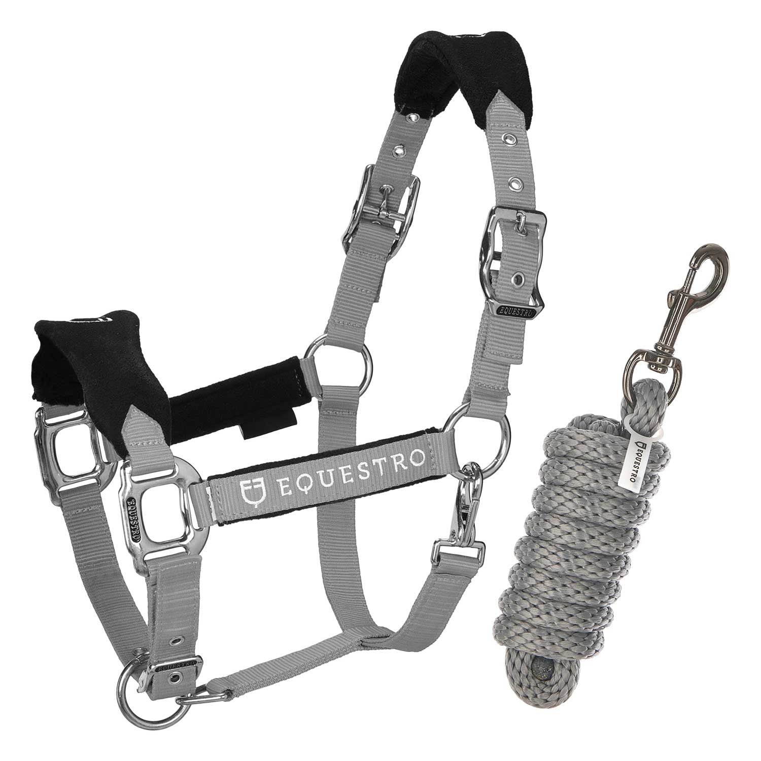 Halter with double adjustment and lead rope.