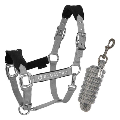 Halter with double adjustment and lead rope.