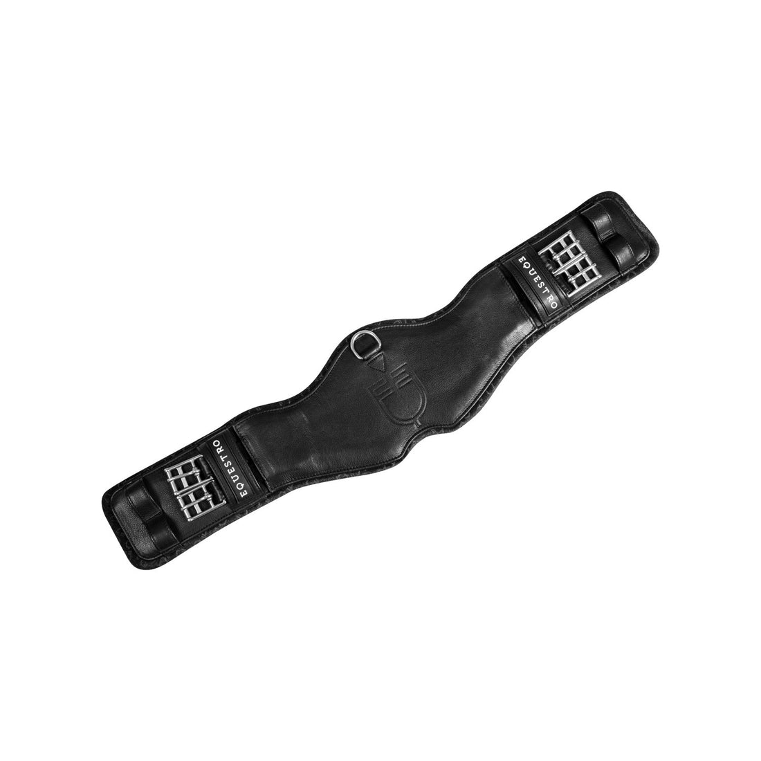 Shaped dressage girth in leather with engraved logo.
