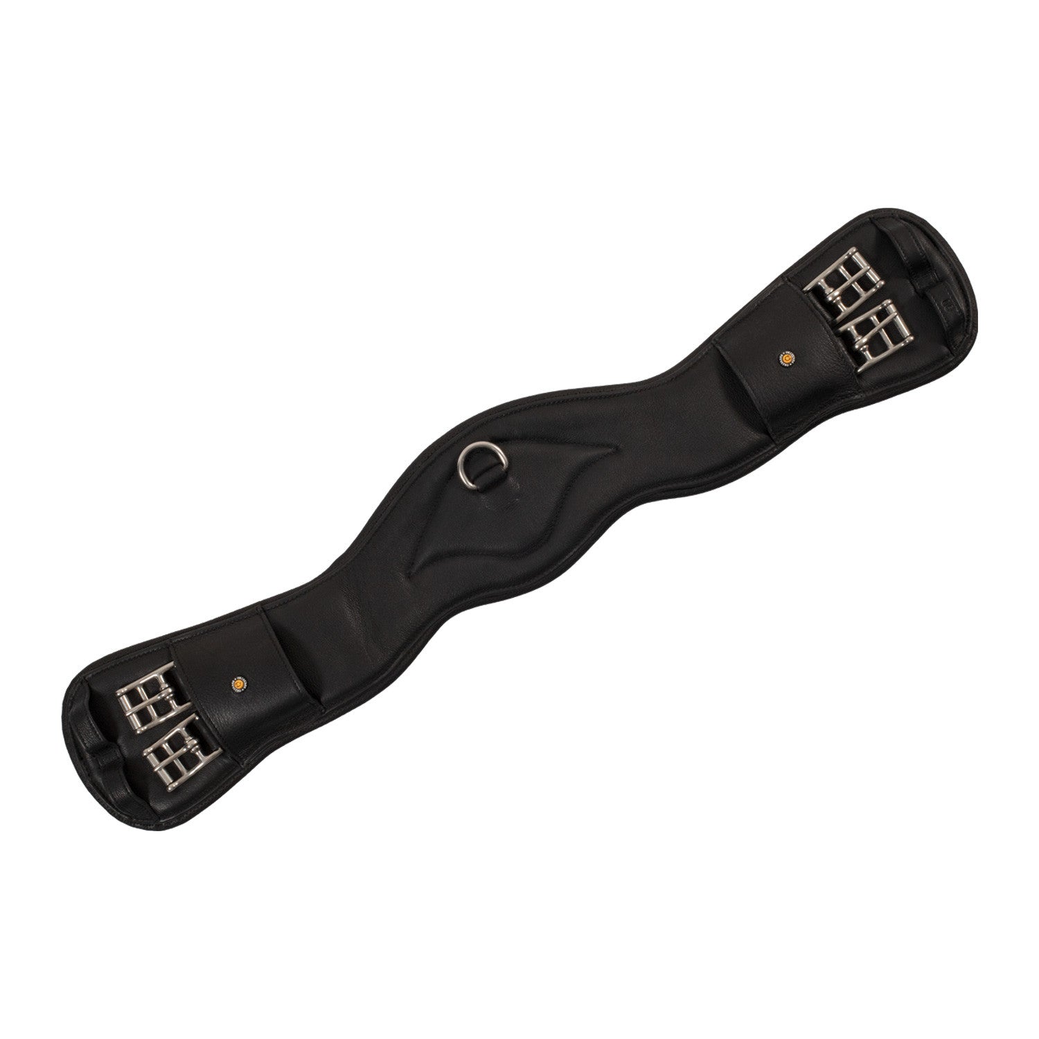 Shaped leather dressage girth with logo pin.