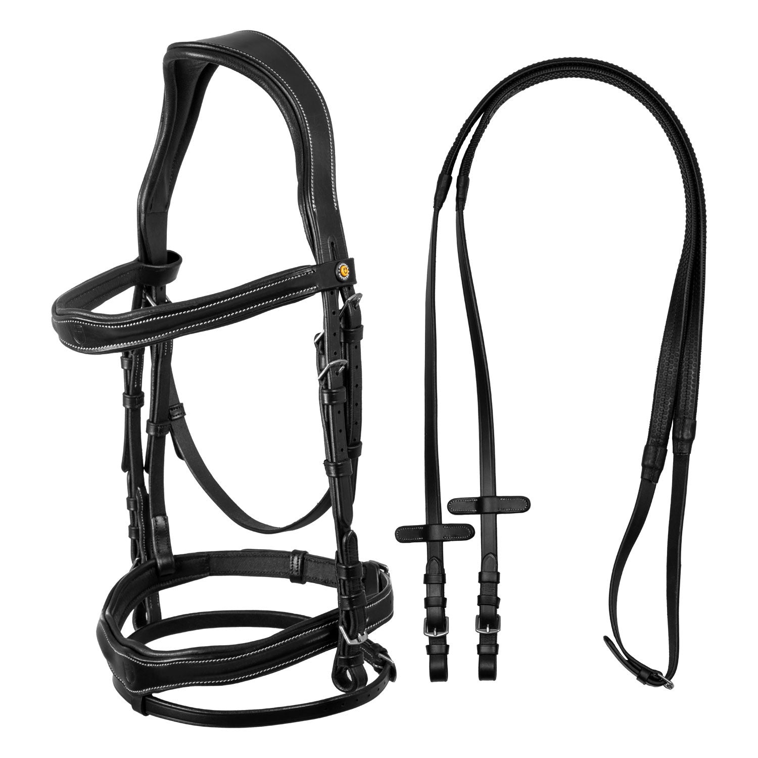 Anatomical bridle with logo.