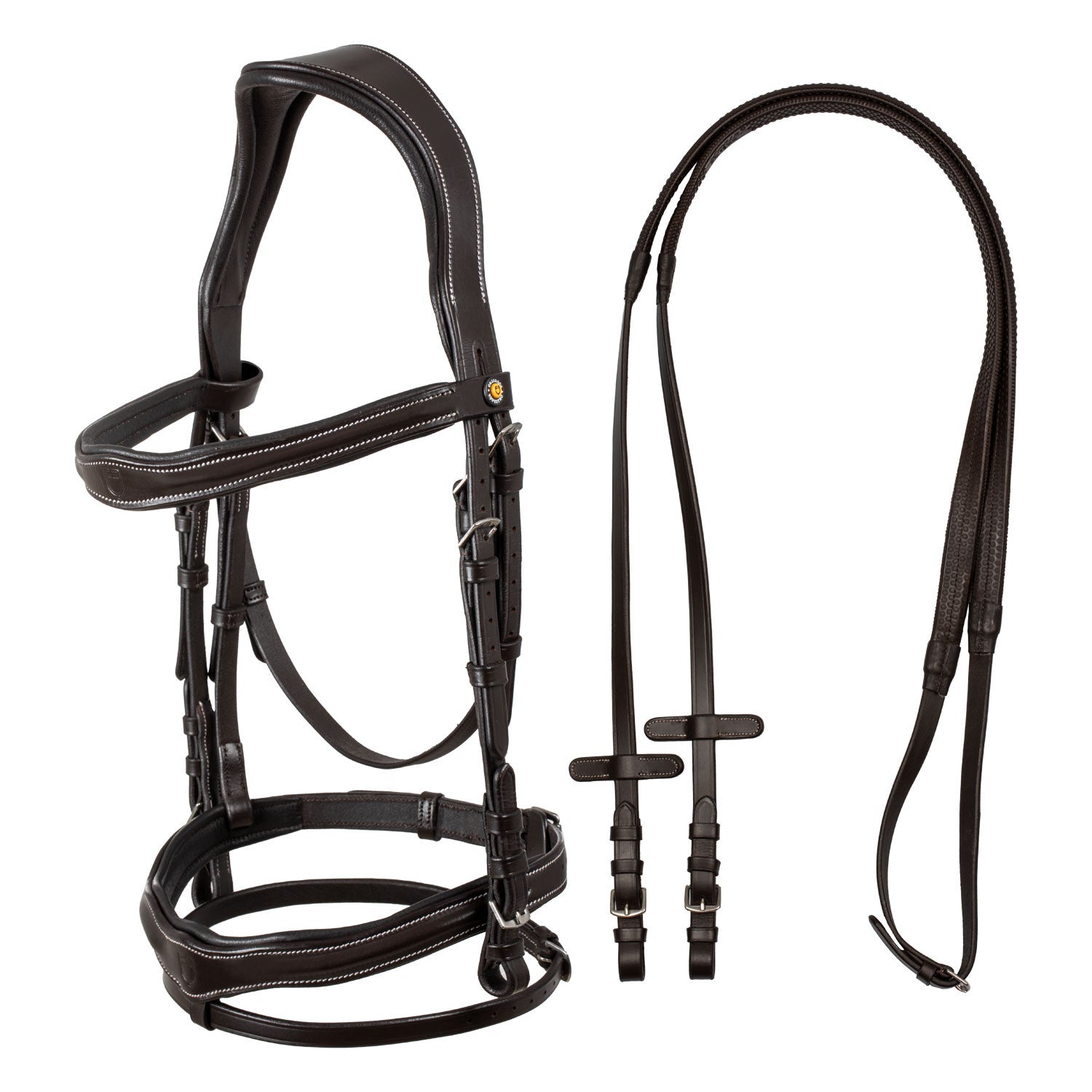 Anatomical bridle with logo.