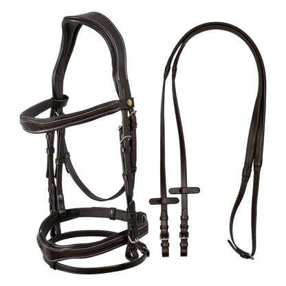 Anatomical bridle with logo.