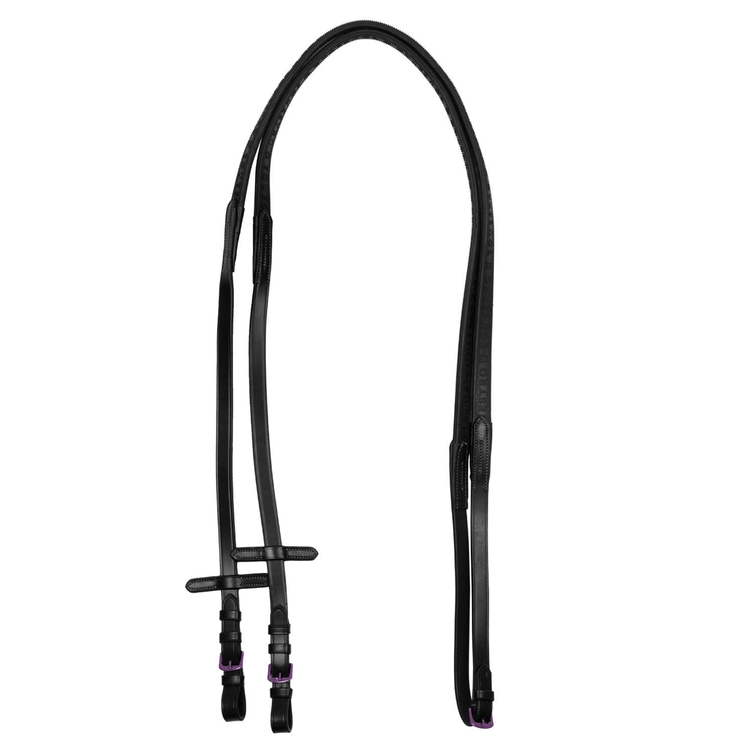 Leather and rubber reins violet fitting.