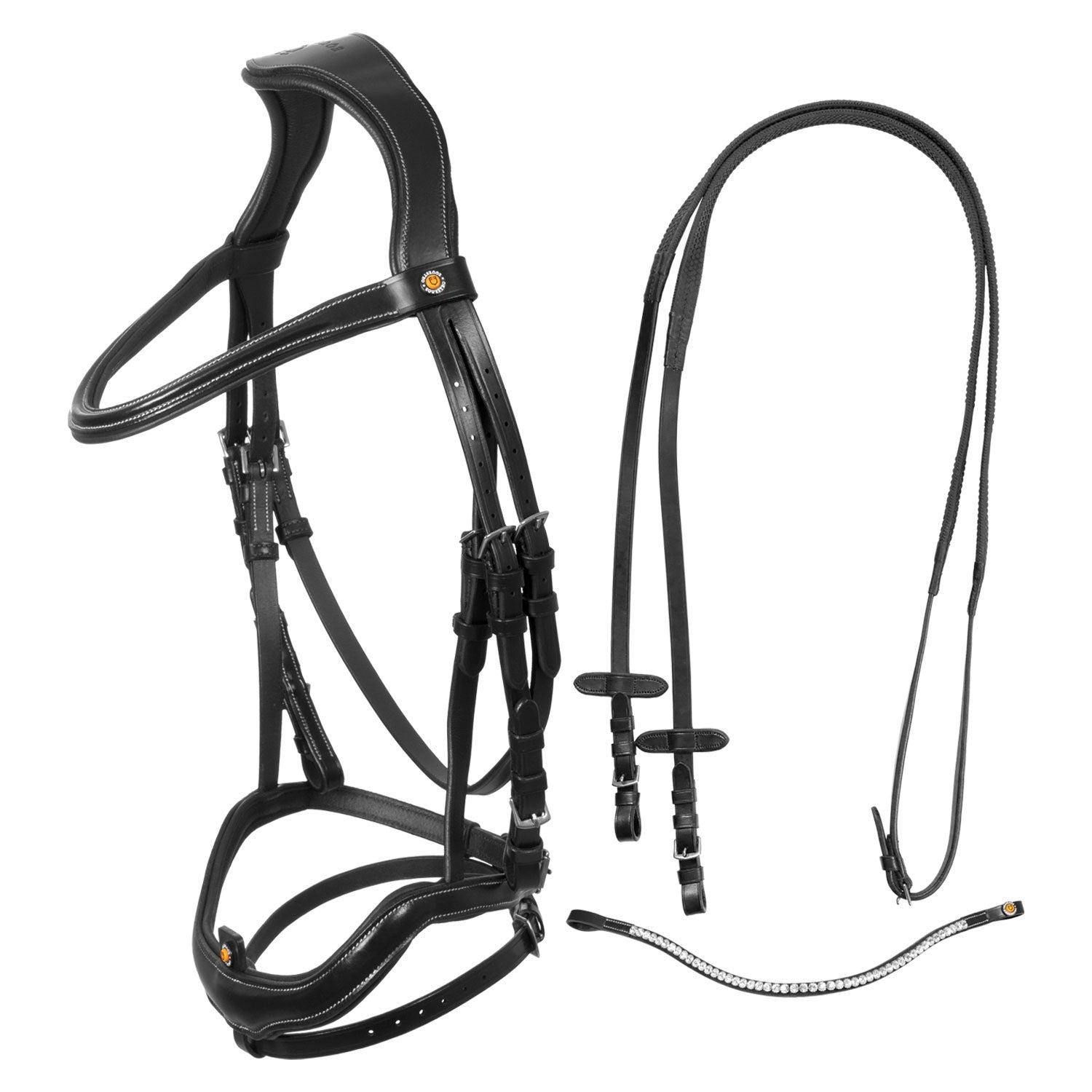Anatomical bridle with curved noseband.