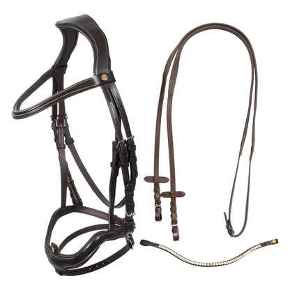 Anatomical bridle with curved noseband.