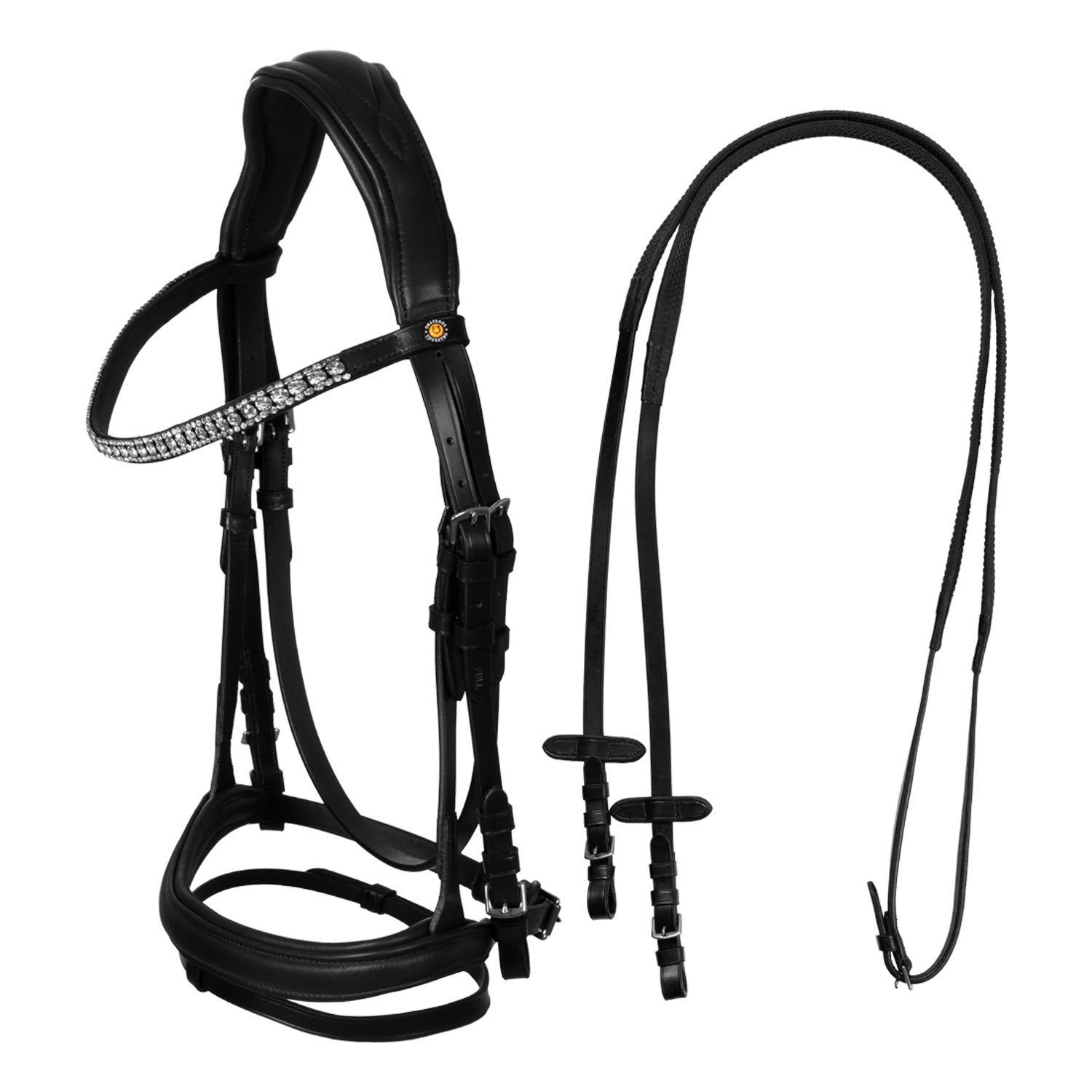 Black leather anatomical bridle with rhinestones.