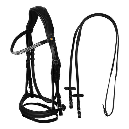 Black leather anatomical bridle with rhinestones.