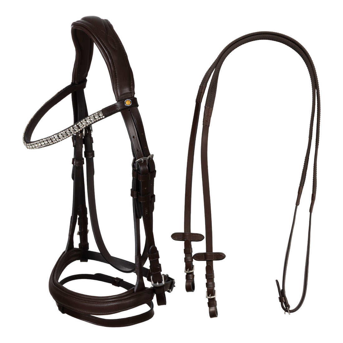 Black leather anatomical bridle with rhinestones.