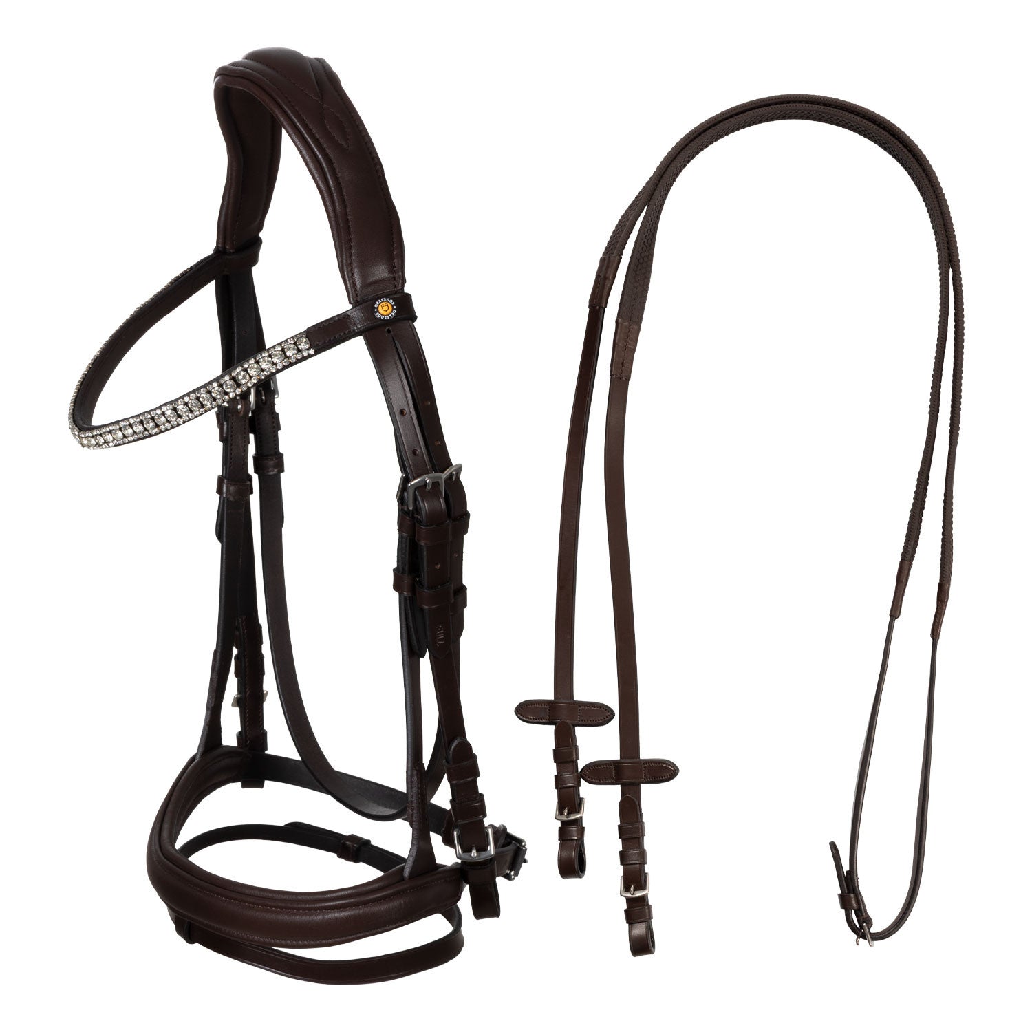 Black leather anatomical bridle with rhinestones.