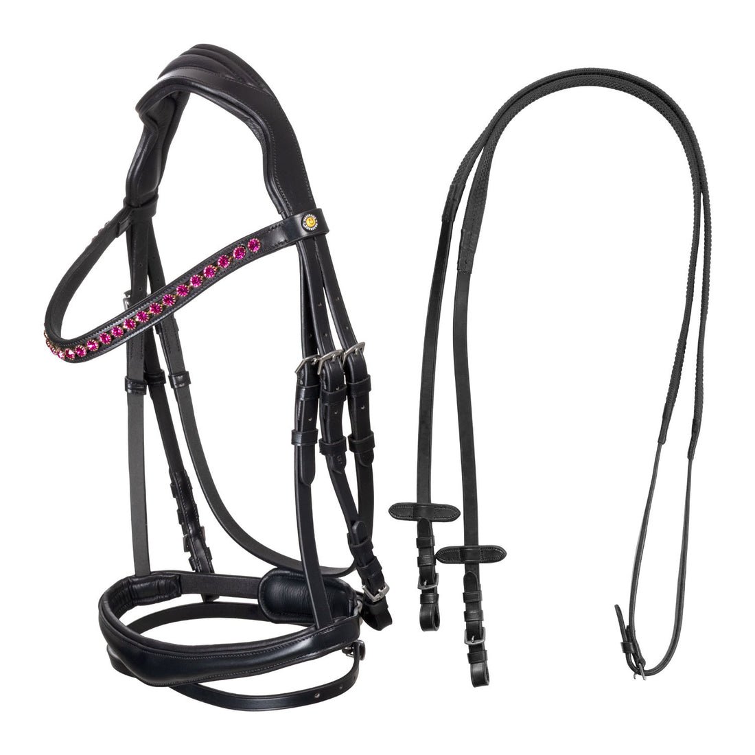 Anatomical bridle with fuchsia rhinestones.