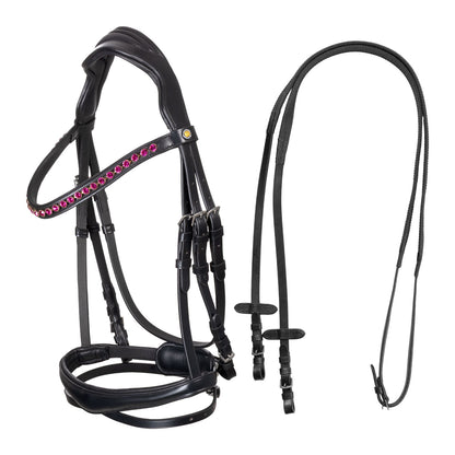 Anatomical bridle with fuchsia rhinestones.