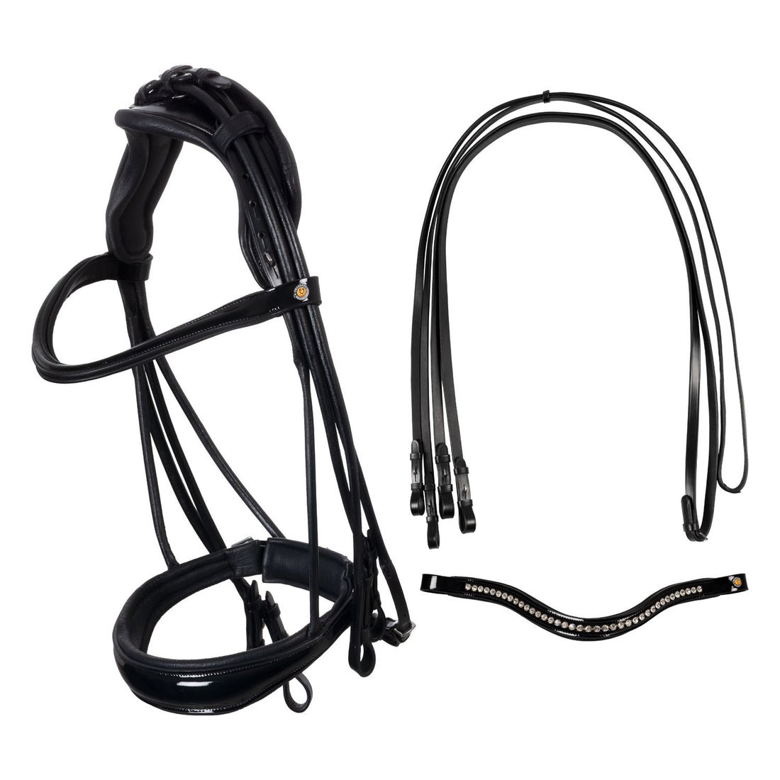 Leather dressage bridle with anatomical headpiece.
