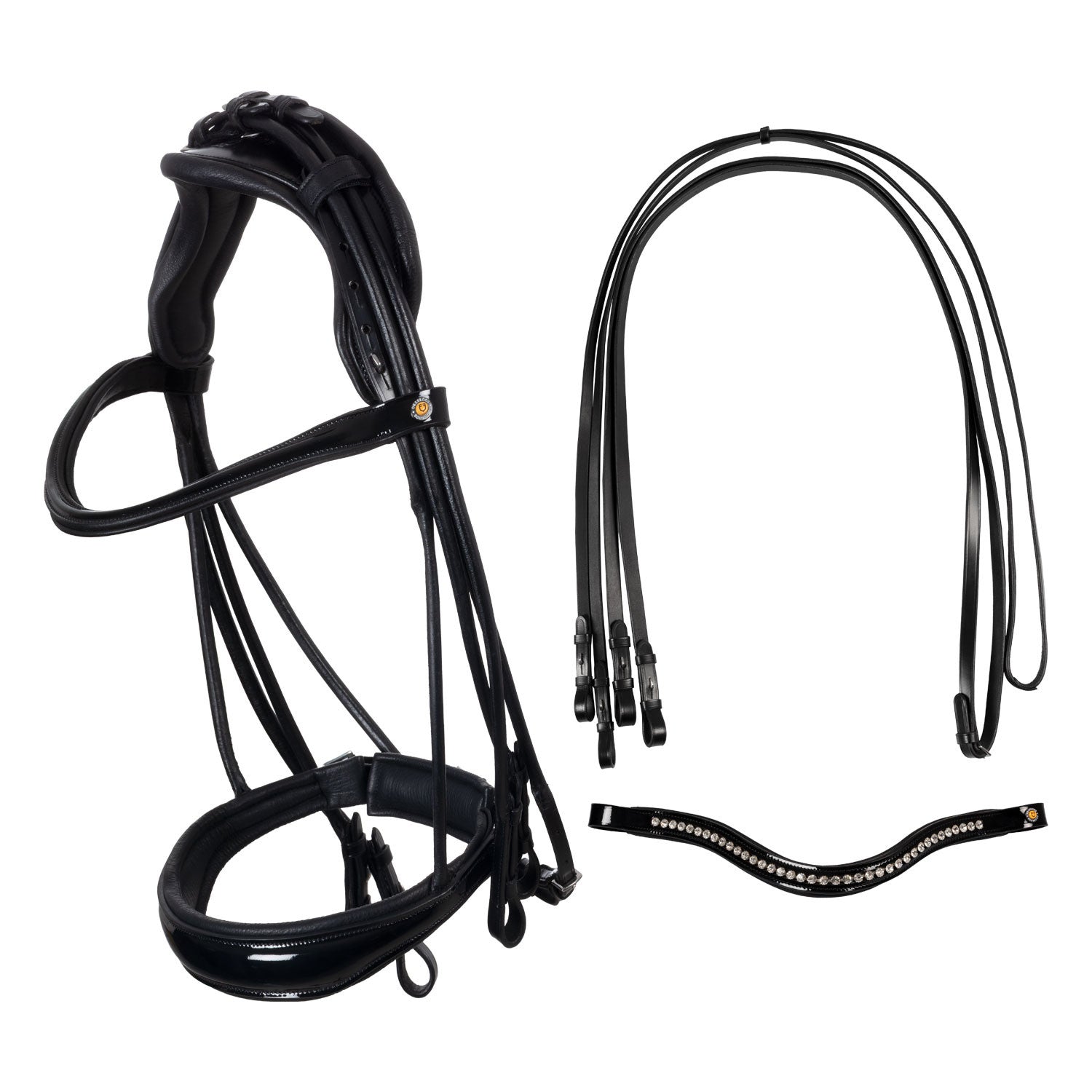 Leather dressage bridle with anatomical headpiece.