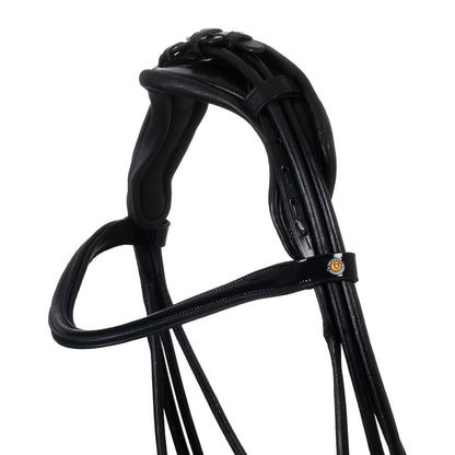 Leather dressage bridle with anatomical headpiece