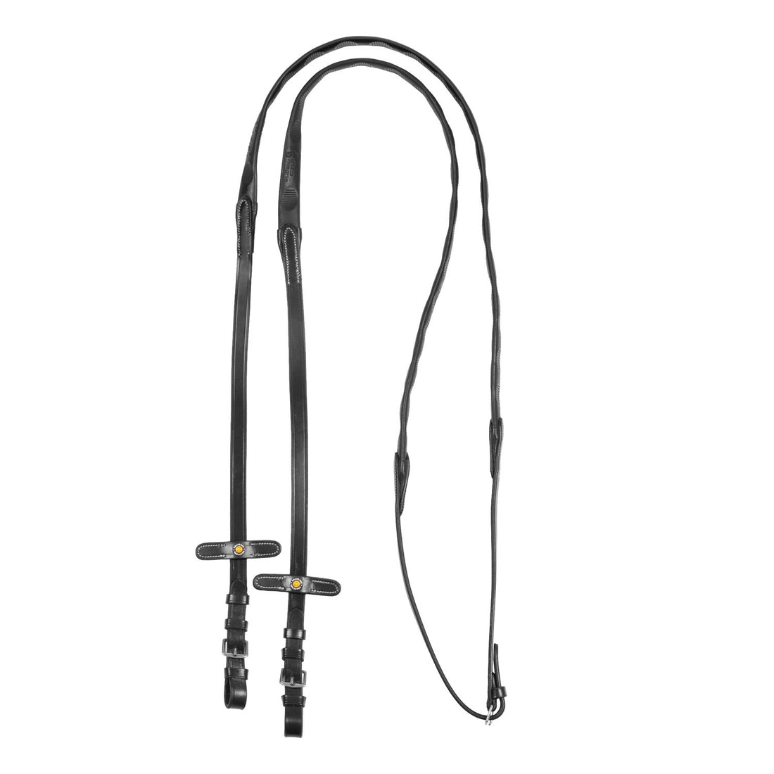 Leather magna reins with rubber grip.