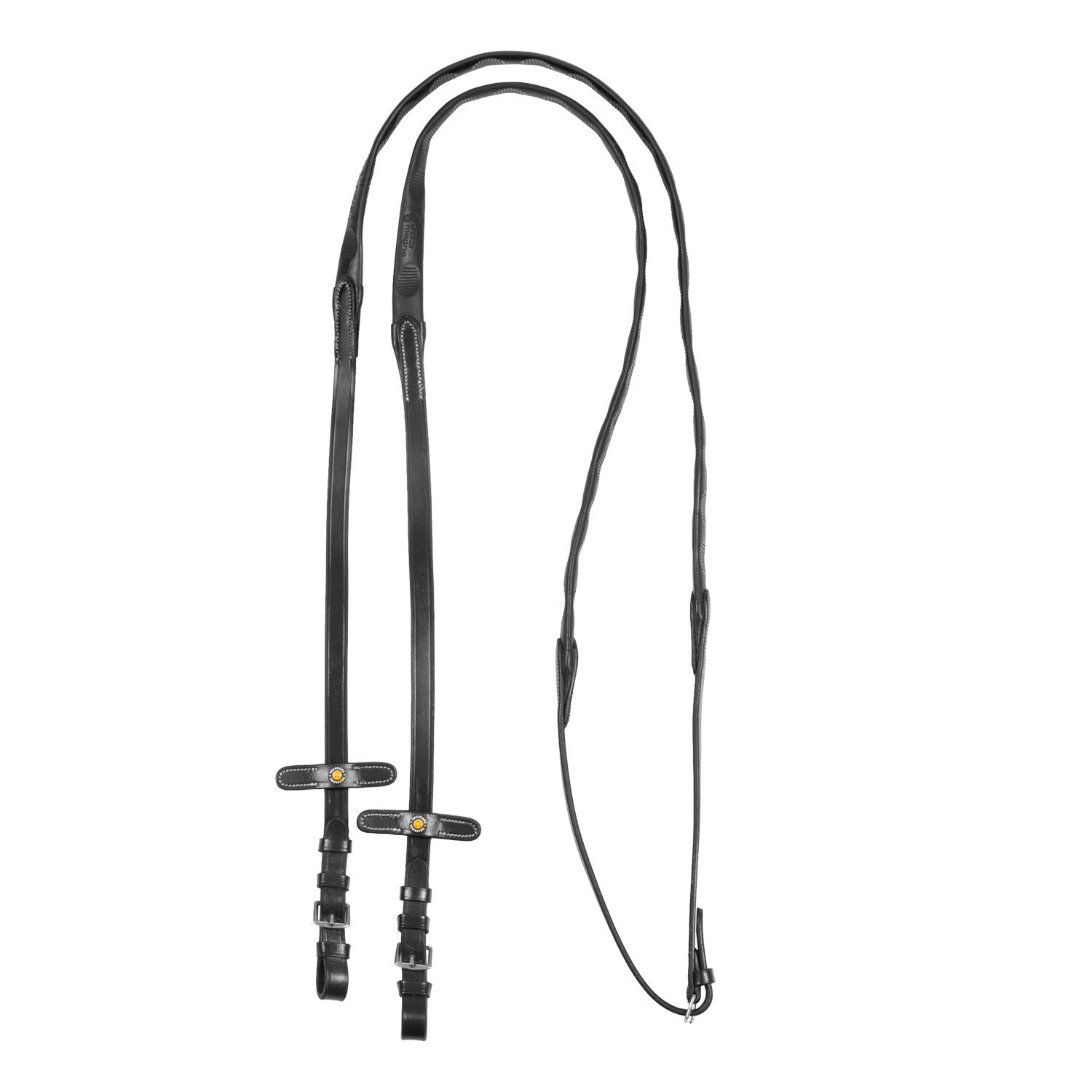 Leather magna reins with rubber grip.