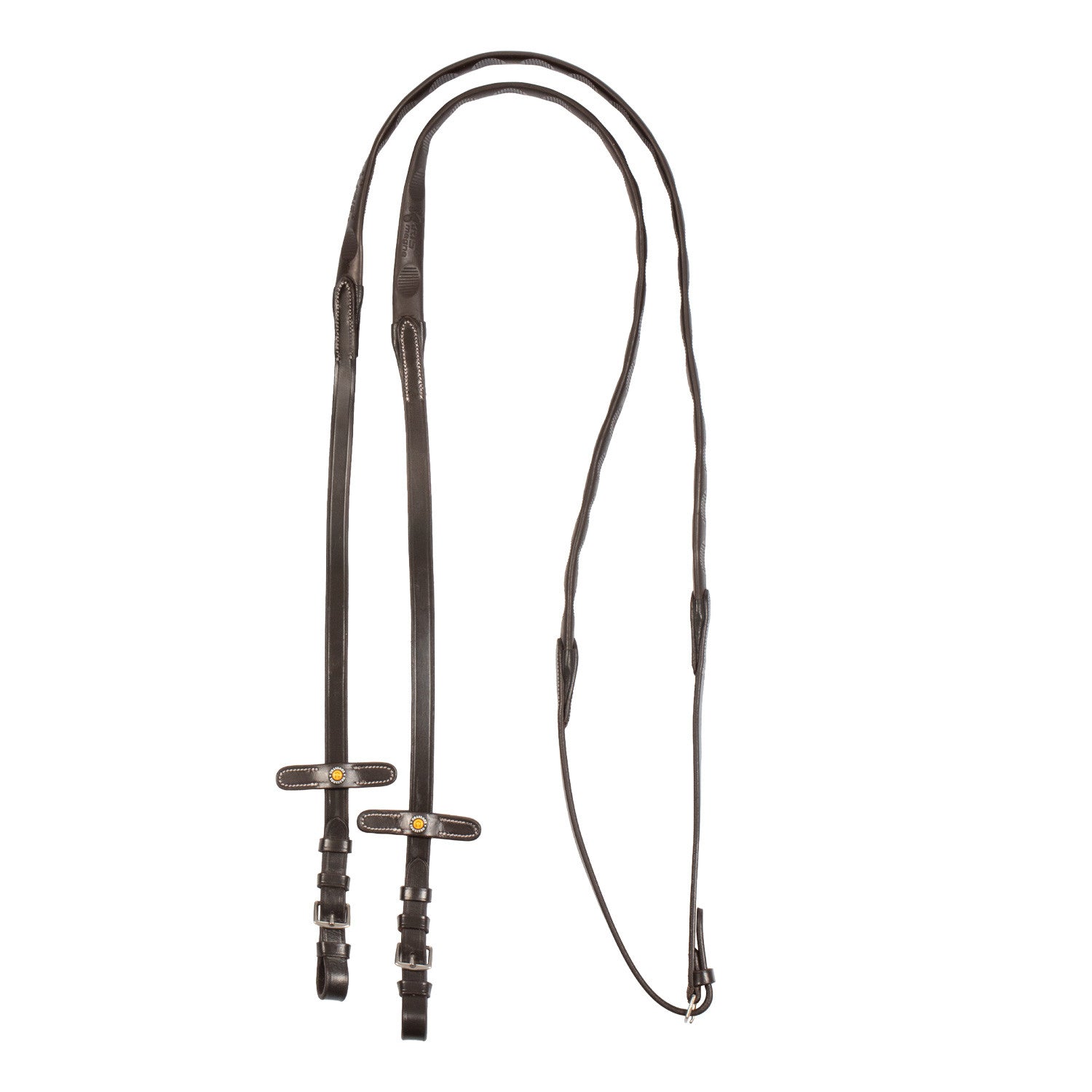 Leather magna reins with rubber grip.