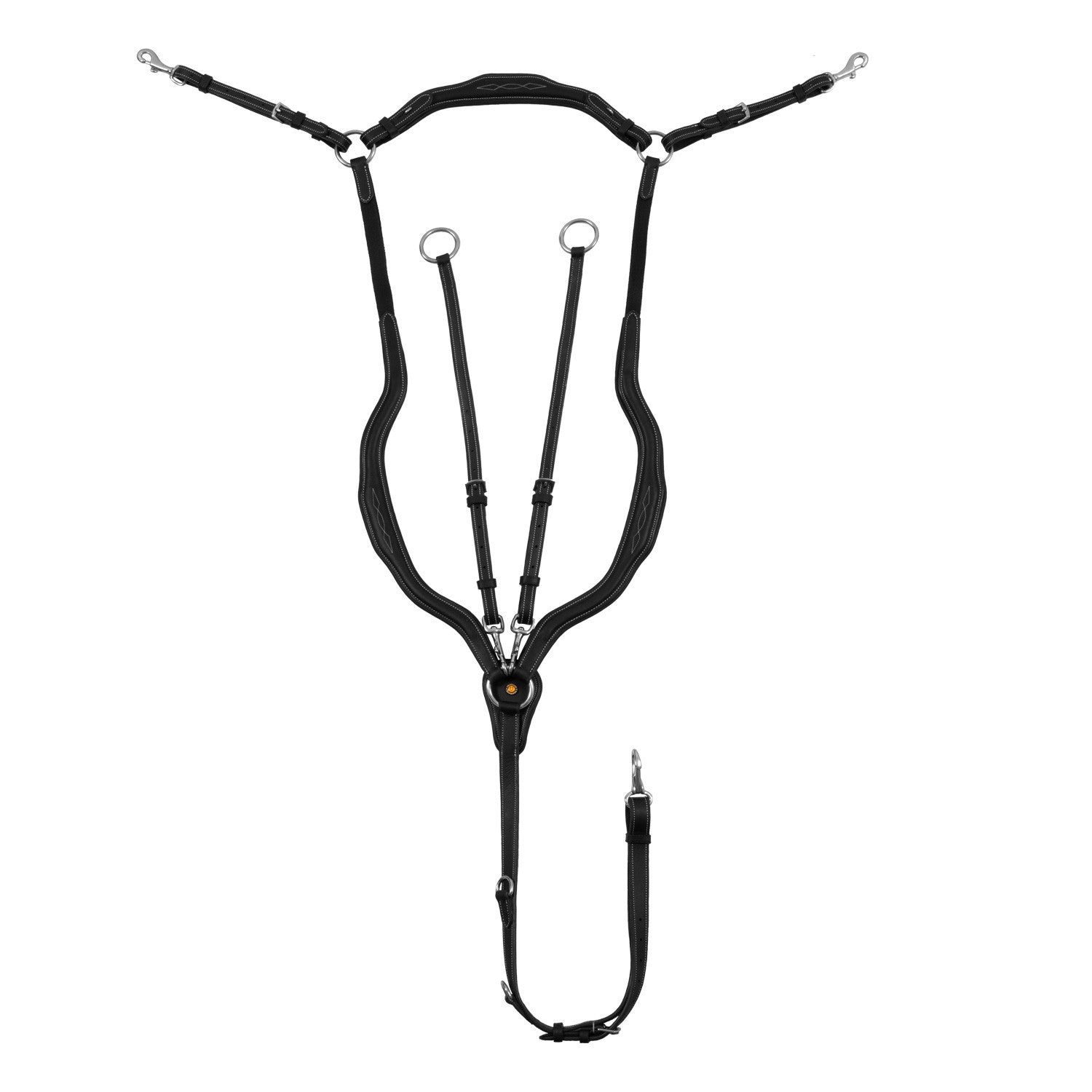 Anatomical leather breastplate with removable martingale.