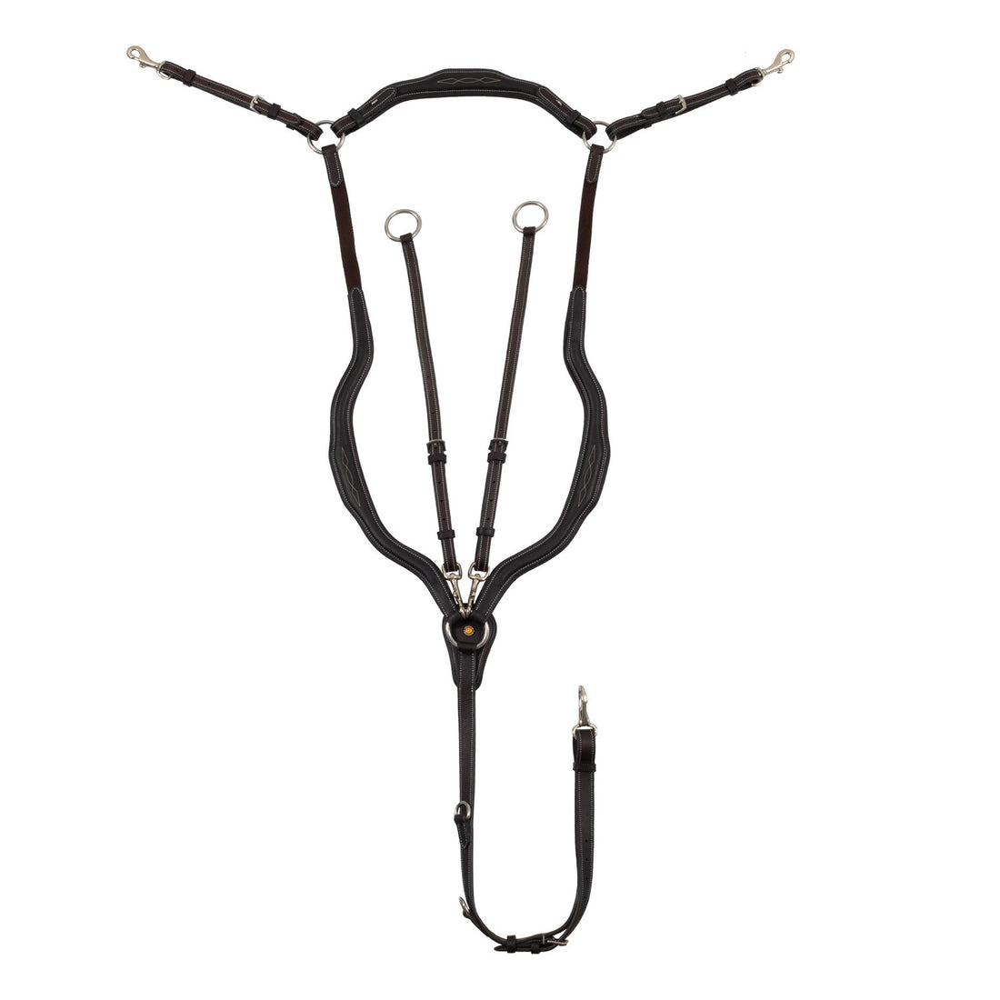Anatomical leather breastplate with removable martingale.