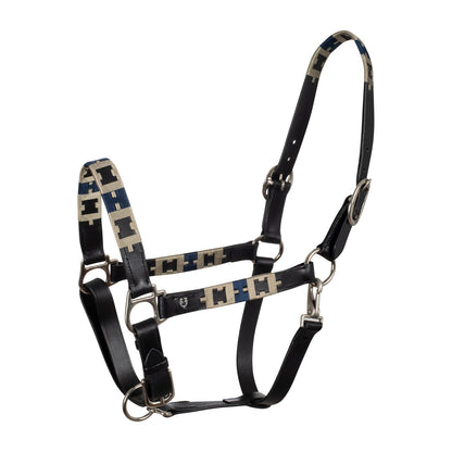 Leather halter with geometric pattern.