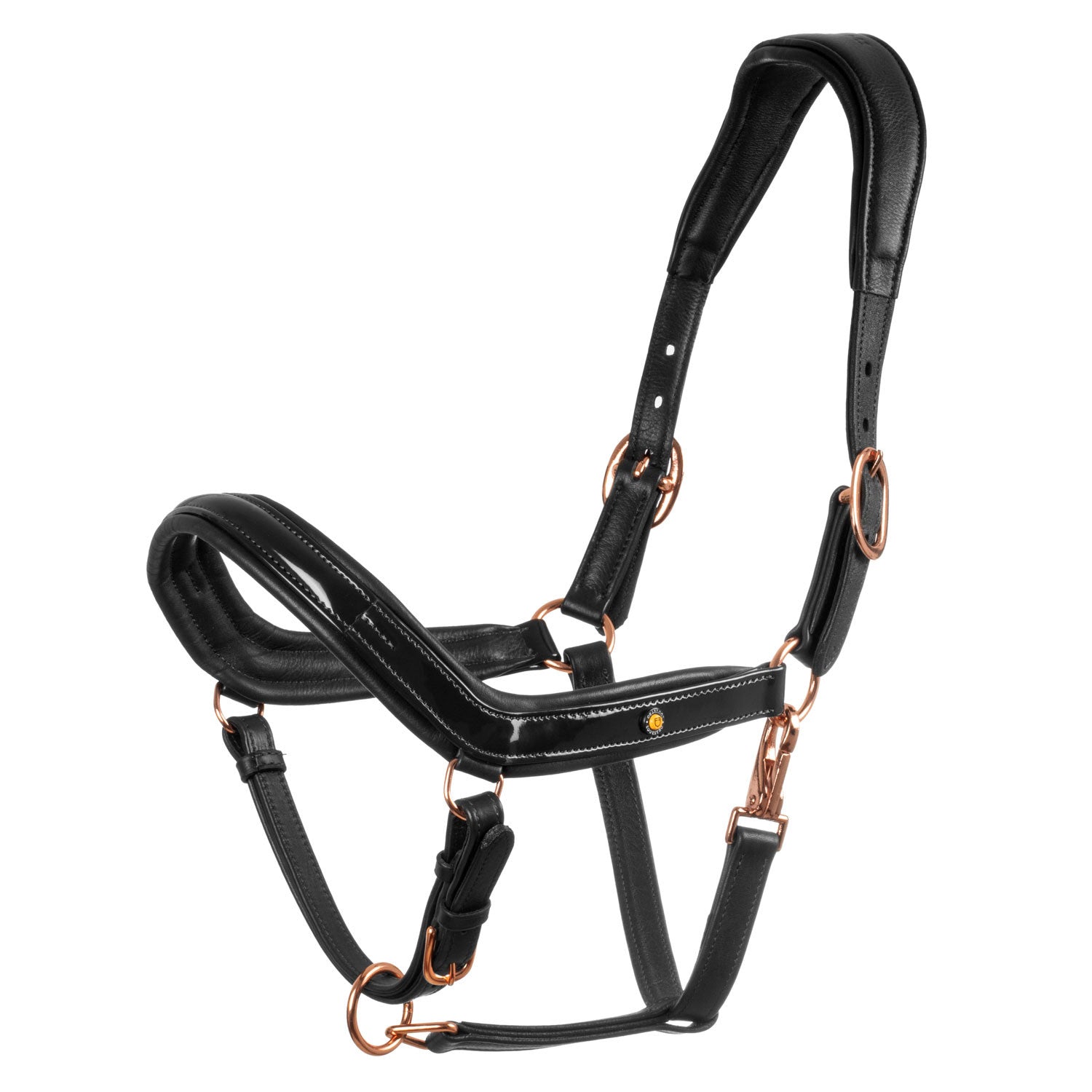 Polished leather halter with rose gold buckles.