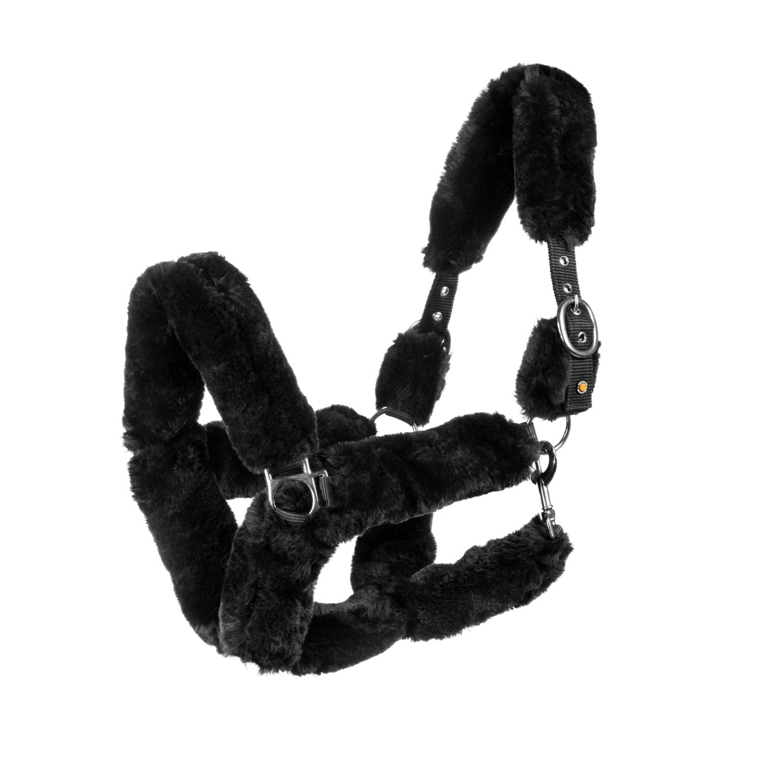 Polypropilene halter with faux sheepskin coating.