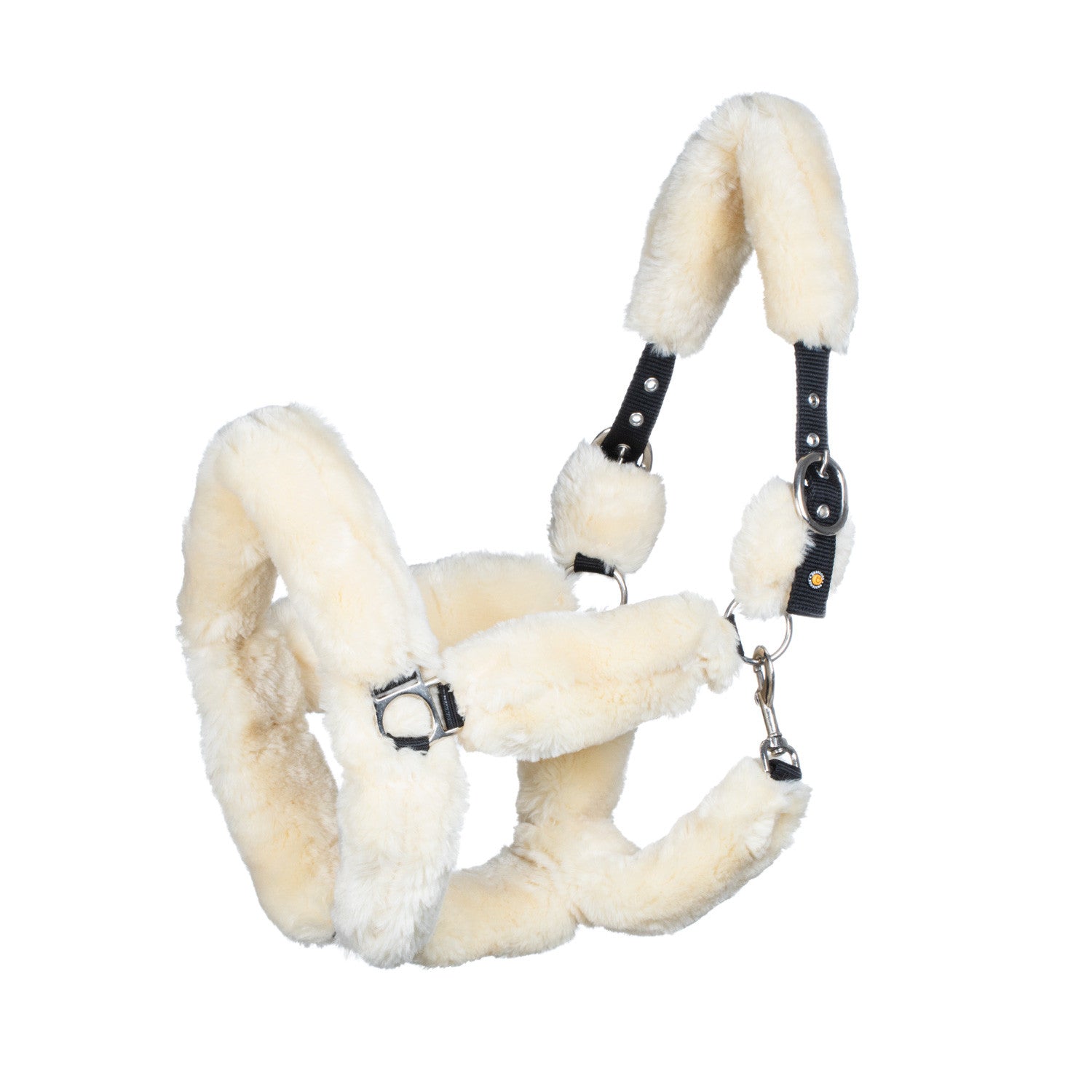 Polypropilene halter with faux sheepskin coating.