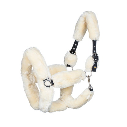 Polypropilene halter with faux sheepskin coating.