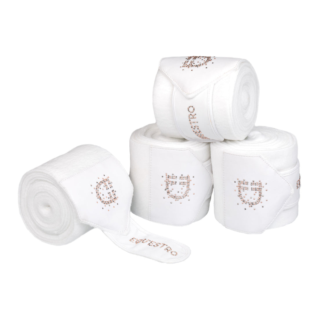 Fleece bandages with rhinestone logo.
