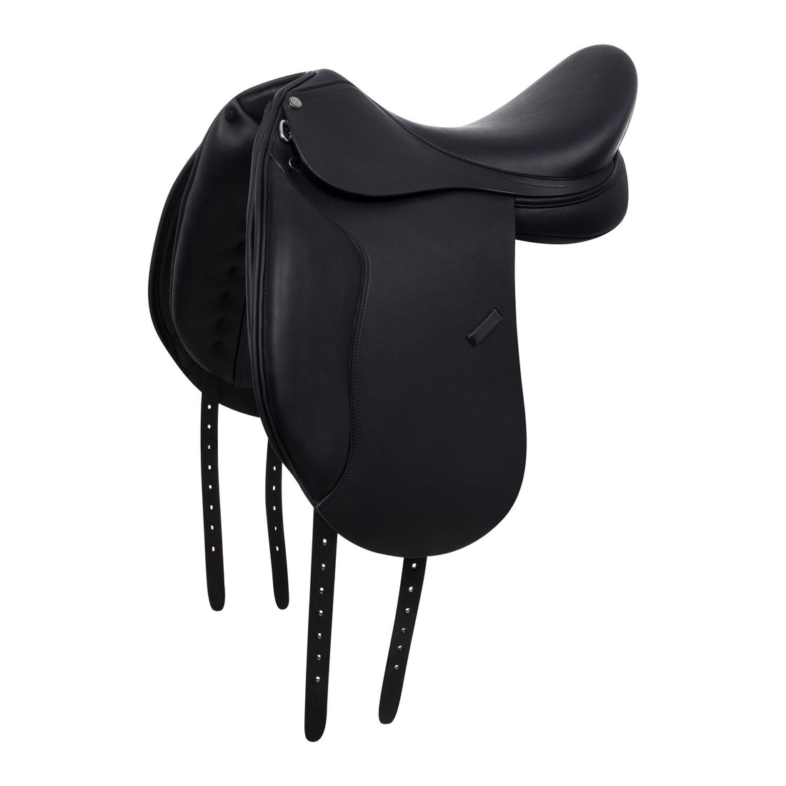 Dressage saddle with long blocks.